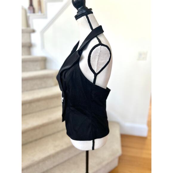 Vintage Y2K Cache Black White Floral Embroidered Beaded Halter Tuxedo Vest - Picture 3 of 7